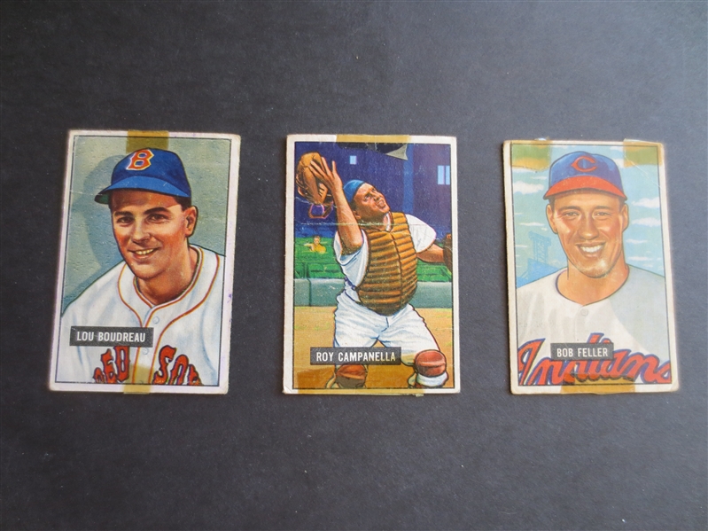 1951 Bowman Baseball cards of Roy Campanella, Bob Feller and Lou Boudreau in affordable condition!