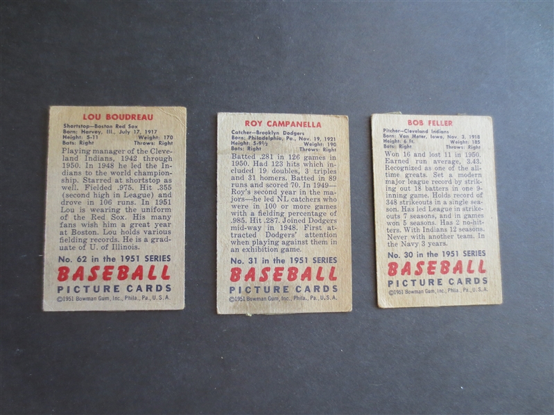 1951 Bowman Baseball cards of Roy Campanella, Bob Feller and Lou Boudreau in affordable condition!