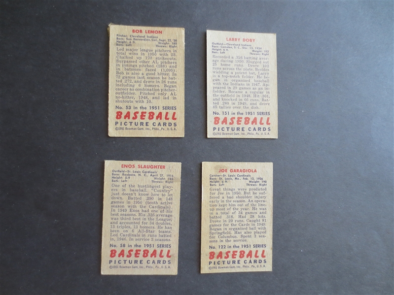 (4) 1951 Bowman baseball cards in affordable condition:  Doby, Slaughter, Lemon, Garagiola