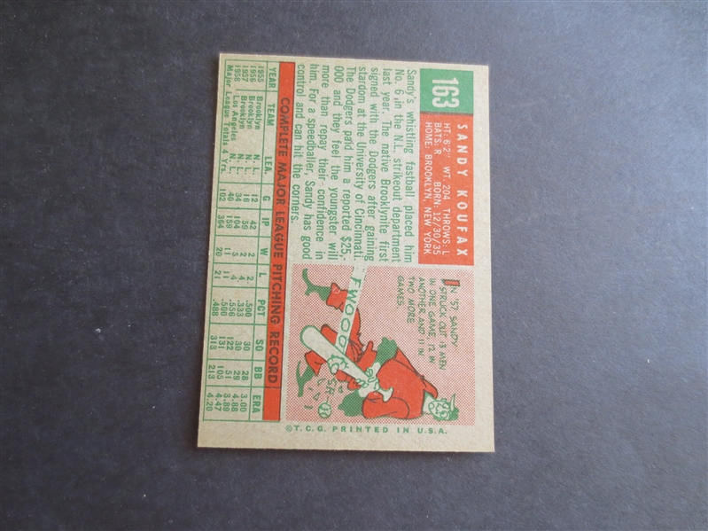 1959 Topps Sandy Koufax baseball card #163 in very nice condition!
