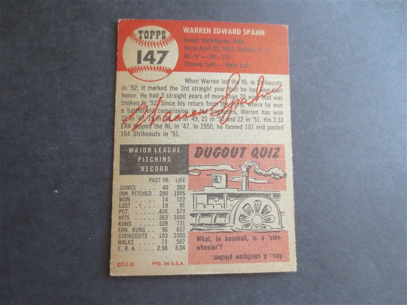 1953 Topps Warren Spahn baseball card #147 in nice condition!