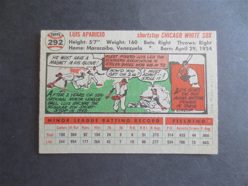 1956 Topps Luis Aparicio Rookie Baseball Card in Great Shape #292