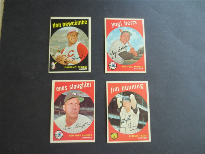 (4) 1959 Topps Superstar Baseball Cards in Super Condition: Berra, Bunning, Slaughter, Newcombe
