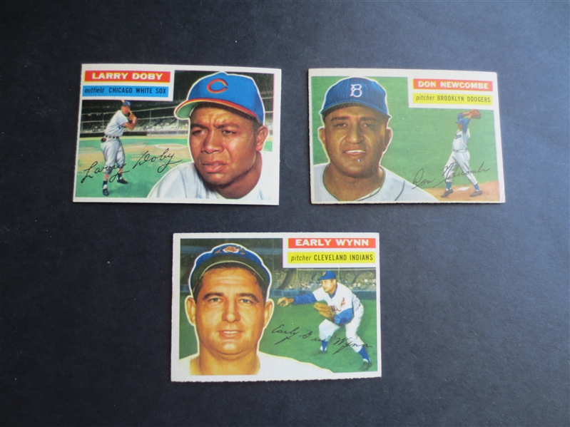 (3) 1956 Topps Superstar Baseball Cards in Great Shape: Doby, Newcombe, and Wynn