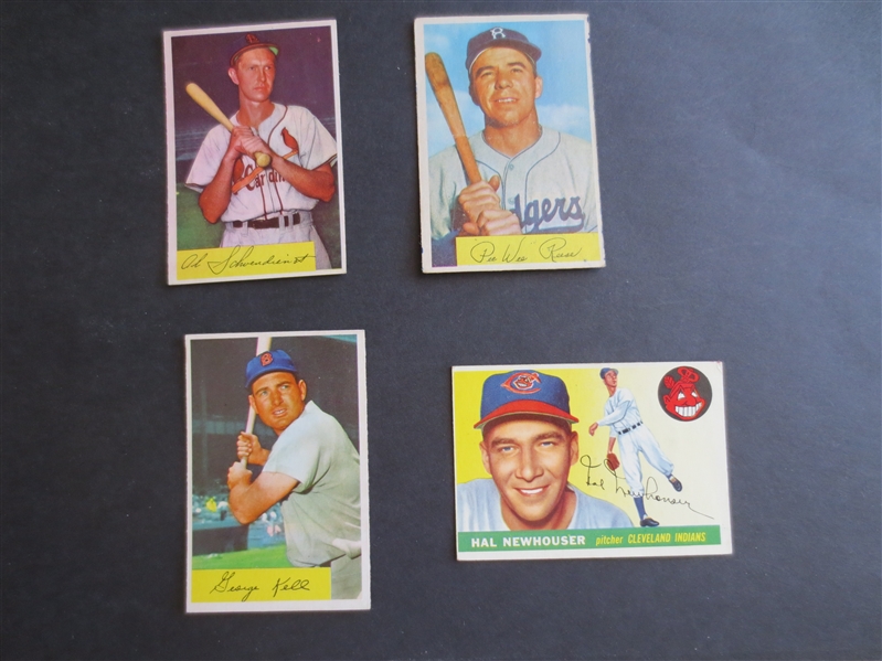 (3) 1954 Bowman and (1) 1955 Topps Hall of Famer Baseball Cards: Reese, Kell, Schoendienst, Newhouser