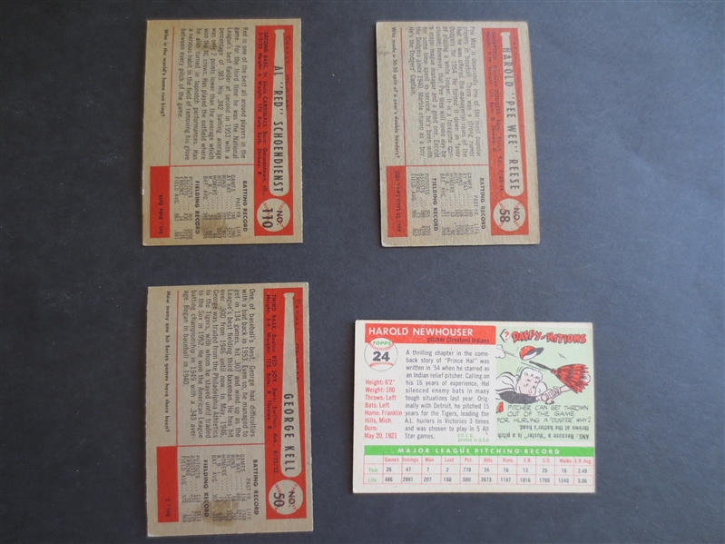 (3) 1954 Bowman and (1) 1955 Topps Hall of Famer Baseball Cards: Reese, Kell, Schoendienst, Newhouser