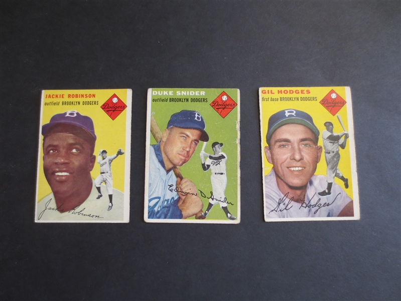(3) 1954 Topps Brooklyn Dodgers Hall of Famer Baseball Cards in affordable condition:  Robinson, Snider, Hodges