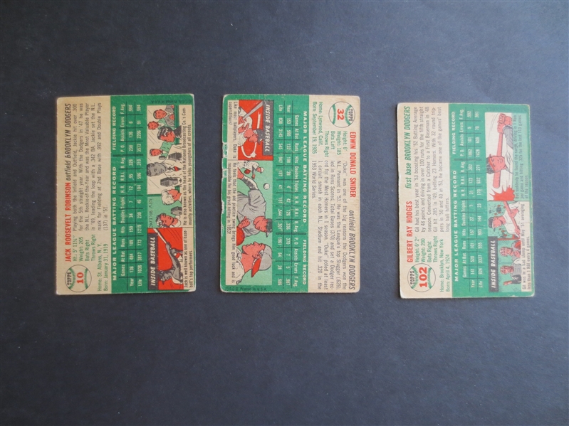 (3) 1954 Topps Brooklyn Dodgers Hall of Famer Baseball Cards in affordable condition:  Robinson, Snider, Hodges
