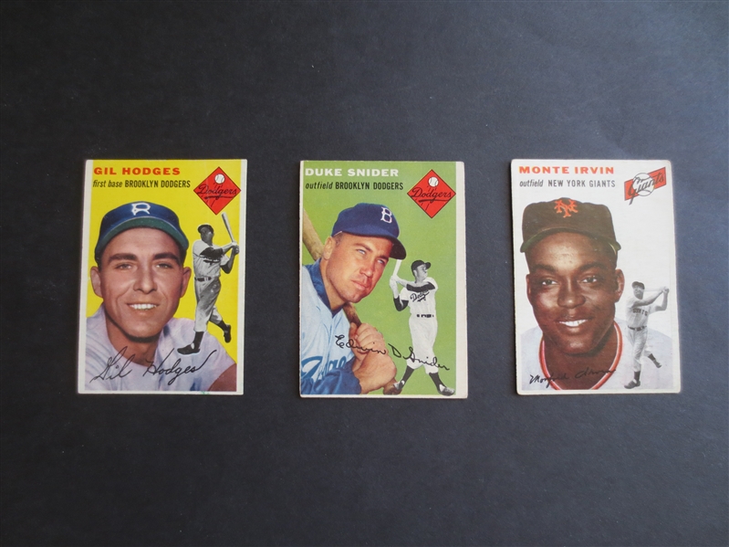 (3) different 1954 Topps Hall of Famer Baseball Cards: Snider, Hodges, Irvin