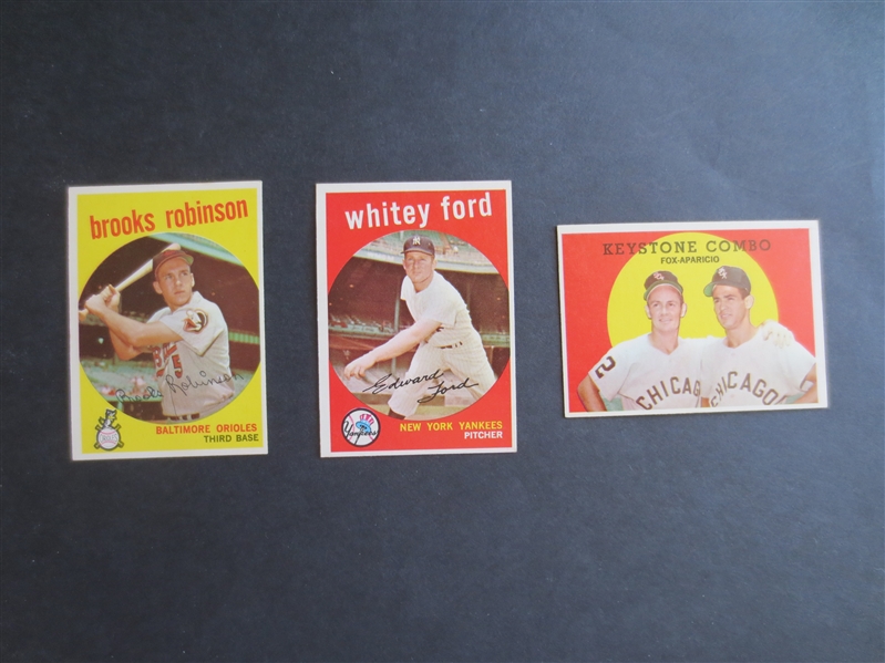 (3) different 1959 Topps Hall of Famer Baseball Cards in Super Condition: Robinson, Ford, Fox/Aparicio