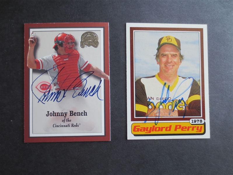 Autographed Johnny Bench and Gaylord Perry baseball cards