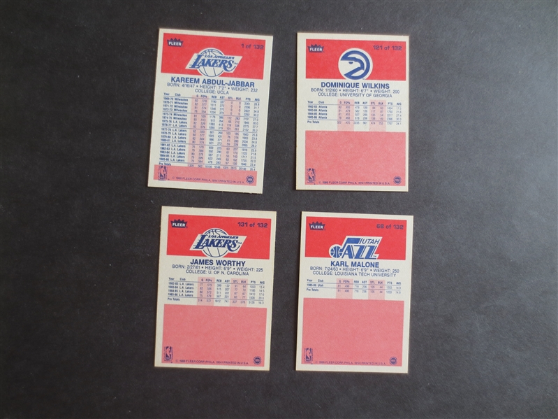 (4) 1986-87 Fleer HOFer Basketball Cards in Great Shape---Jabbar, Malone, Worthy, and Wilkins