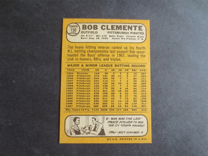 1968 Topps Bob Clemente baseball card in BEAUTIFUL condition #150