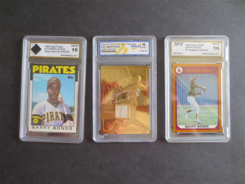 (3) different GEM MINT 10 Baseball Cards of Barry Bonds from different grading companies