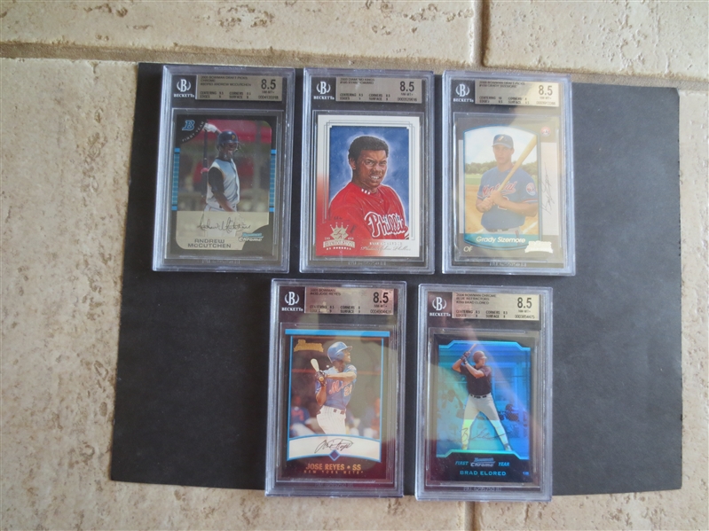 (5) different Beckett 8.5 nmt-mt+ baseball cards from 2000's including Ryan Howard