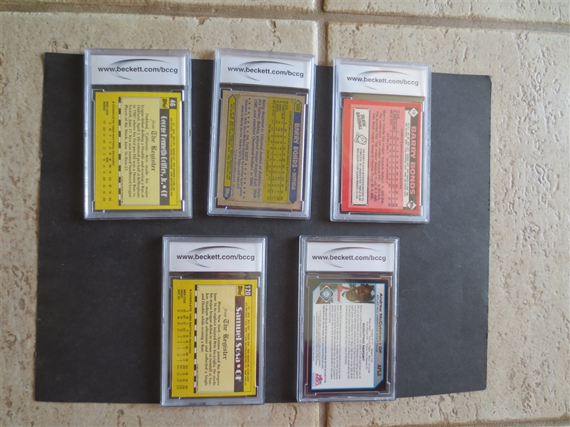 (5) different Beckett 10 MINT or Better baseball cards including Bonds, Griffey,Jr, Sosa