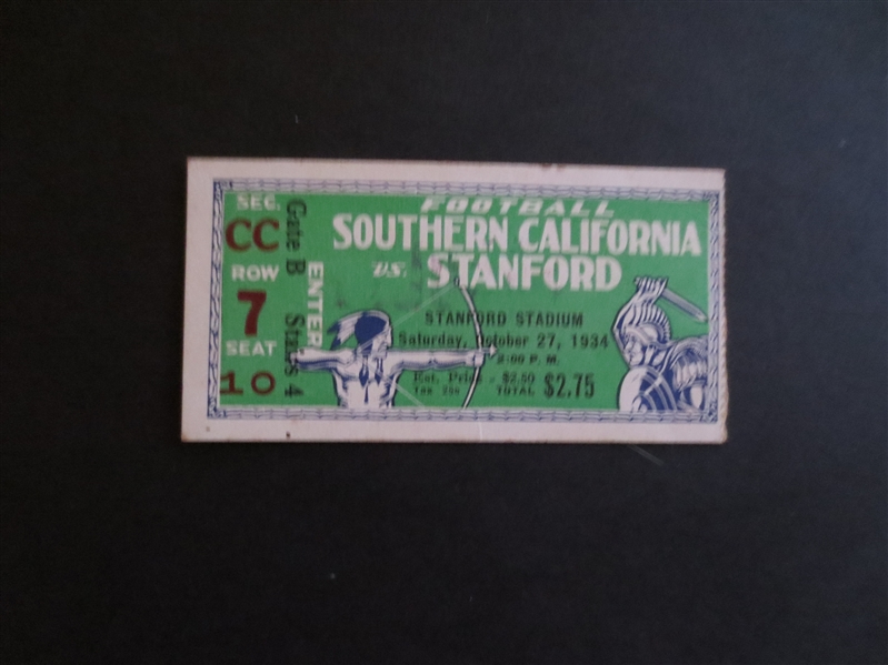 1934 USC at Stanford Football Ticket