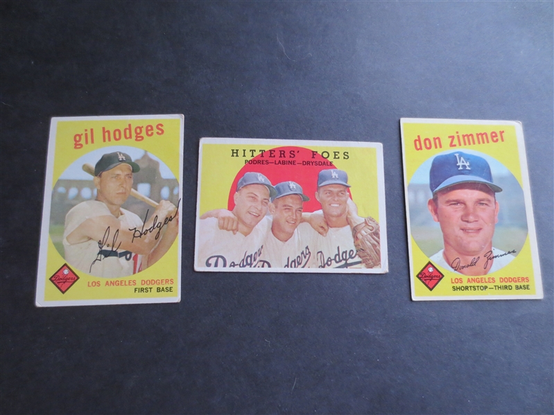 (3) 1959 Topps Baseball Cards of Dodgers: Hitters Foes Drysdale, Hodges, Zimmer