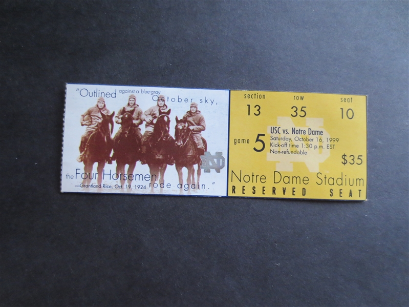 1999 Notre Dame vs. USC Football Game Ticket Picturing The Four Horsemen