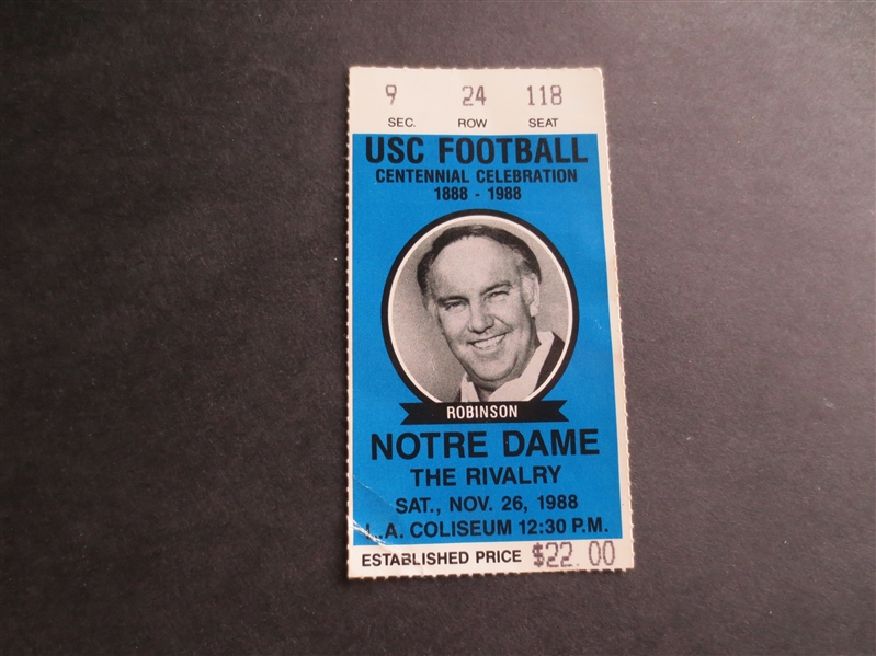1988 Notre Dame at USC Football Game Ticket Picturing Coach John Robinson
