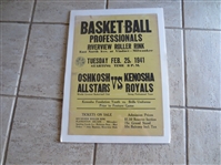 1941 Pro Basketball Broadside Oshkosh All Stars vs. Kenosha Royals 20" x 14"  RARE!