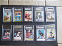 (10) different Professionally Graded Baseball Cards including Ripken Rookie, Fred Lynn Rookie, Mattingley, Rose, Boggs, Soriano, and more!